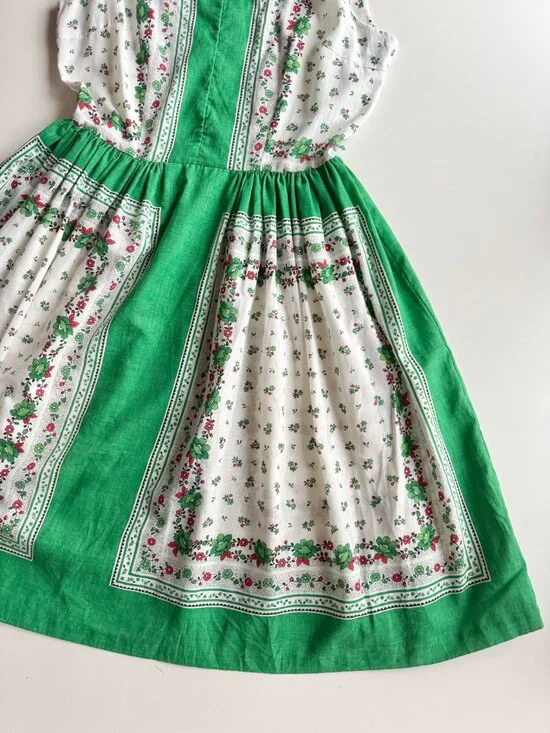 Vintage 80's JCPENNEY Green Floral Polycotton Law Fit & Flare Dress, Size 15/16 - Picture 10 of 15